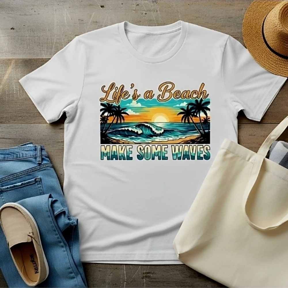 Life’s a Beach Graphic Tee • Make Some Waves Shirt • Retro Palm Tree Summer